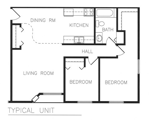 Floor plan for 2 beds, 1 bath, 852 sqft